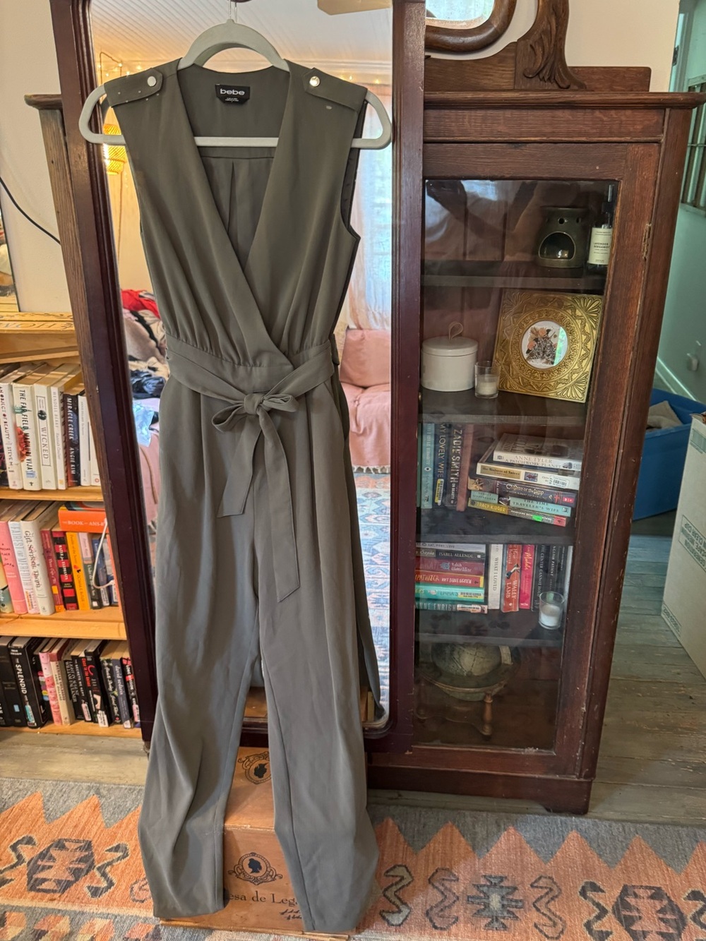 bebe Olive Sleeveless Wrap Jumpsuit with Waist Tie